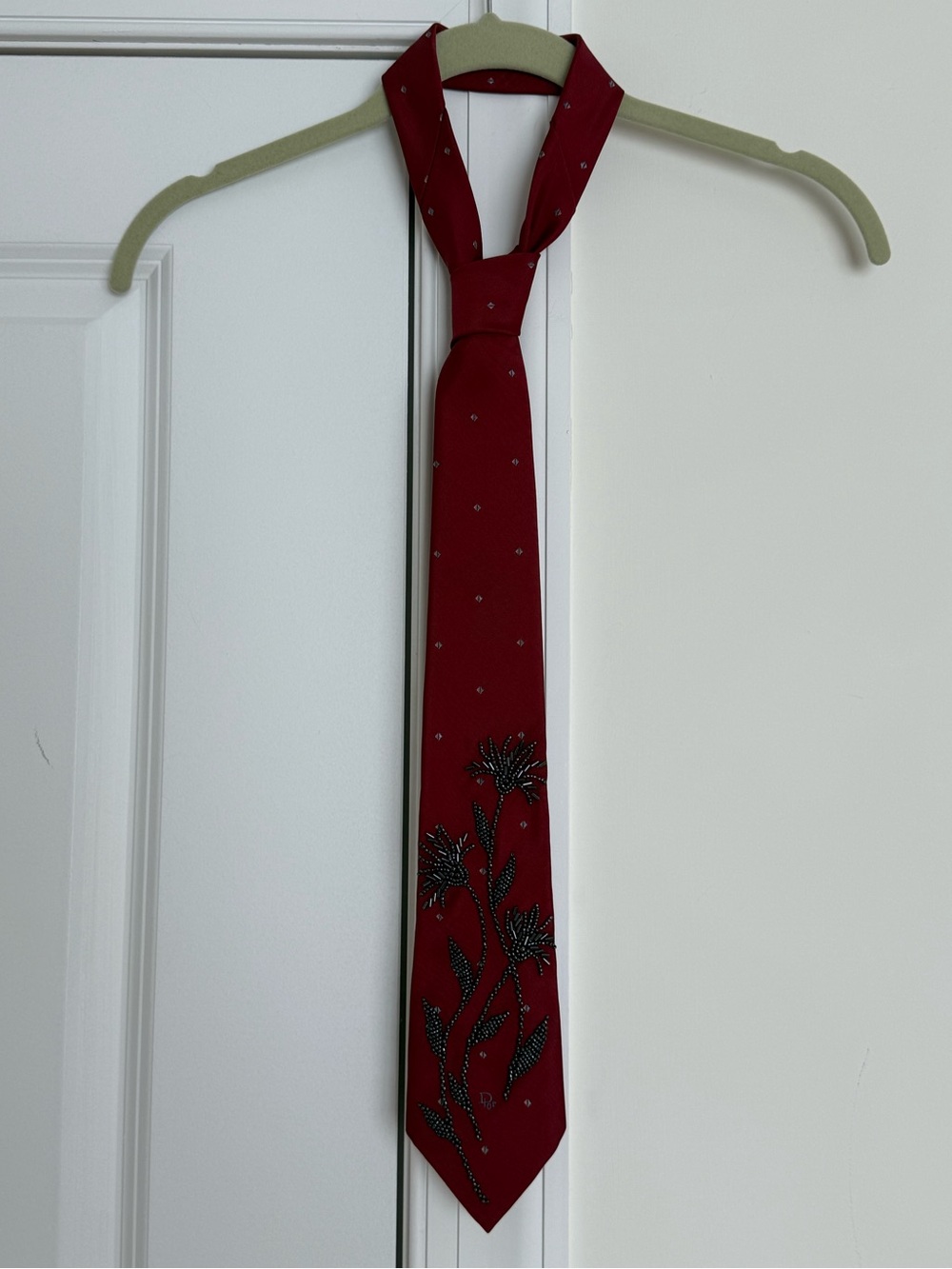 Dior Burgundy Hand Beaded Silk Blend Tie - Picture 9 of 9